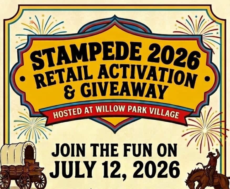 "Colorful poster for 'Stampede 2026 Retail Activation & Giveaway' at Willow Park Village on July 12, 2026. Features fireworks, a wagon, and a cowboy on a horse, creating a festive Wild West theme."